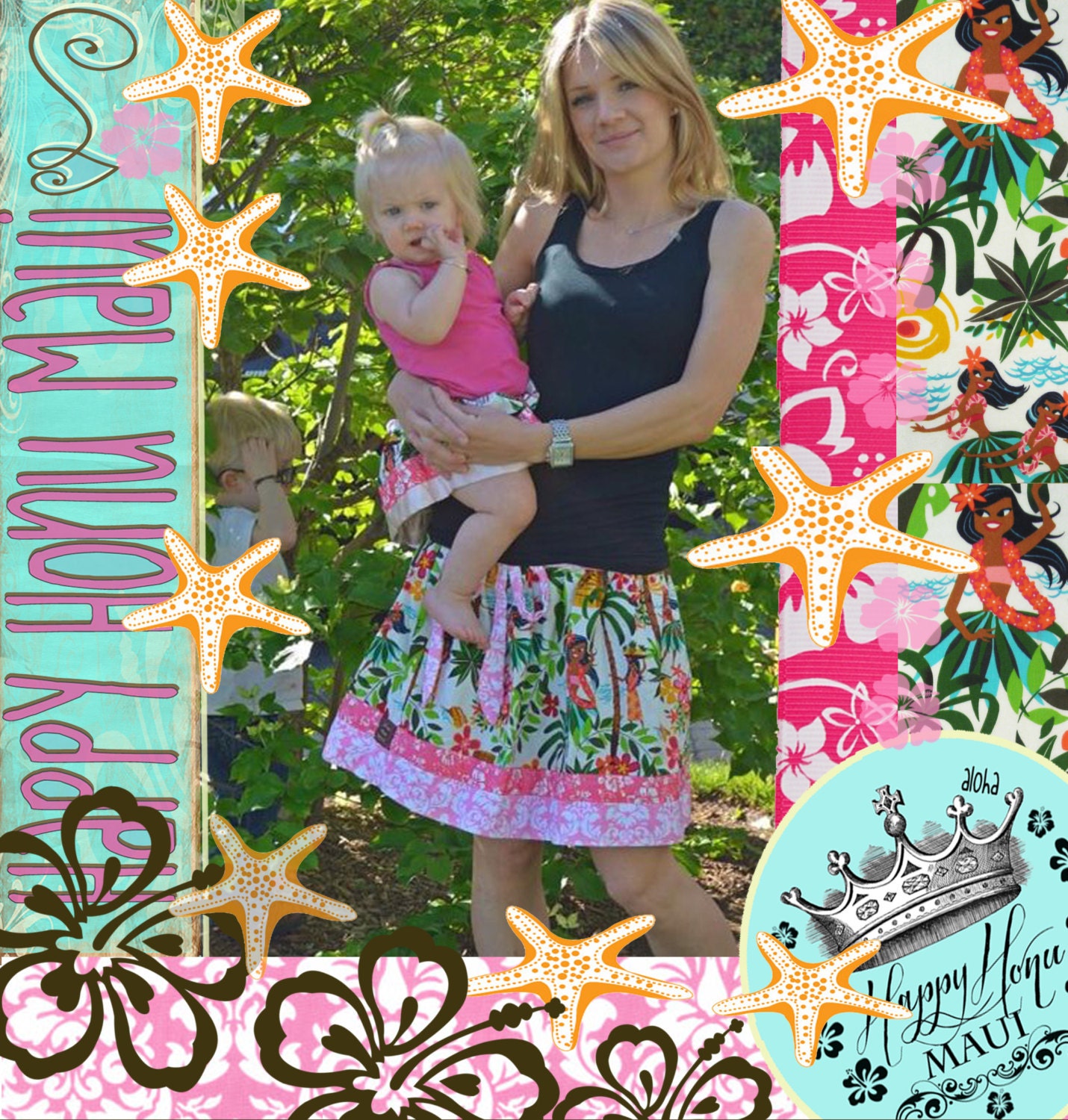 CUSTOM Mommy and Me HULA Girl Luau Twirly Skirt SET from Happy Honu Maui with hibiscus pink ribbon