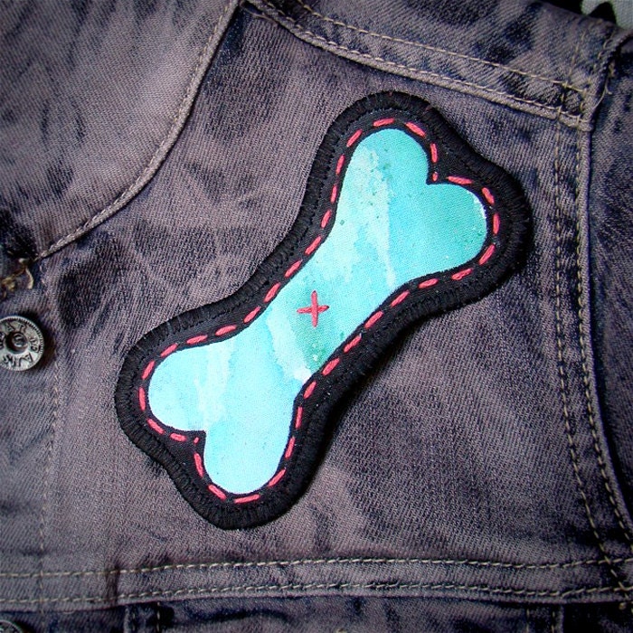 Hand Painted Fabric Patch -Blue Green with pink stitching-
