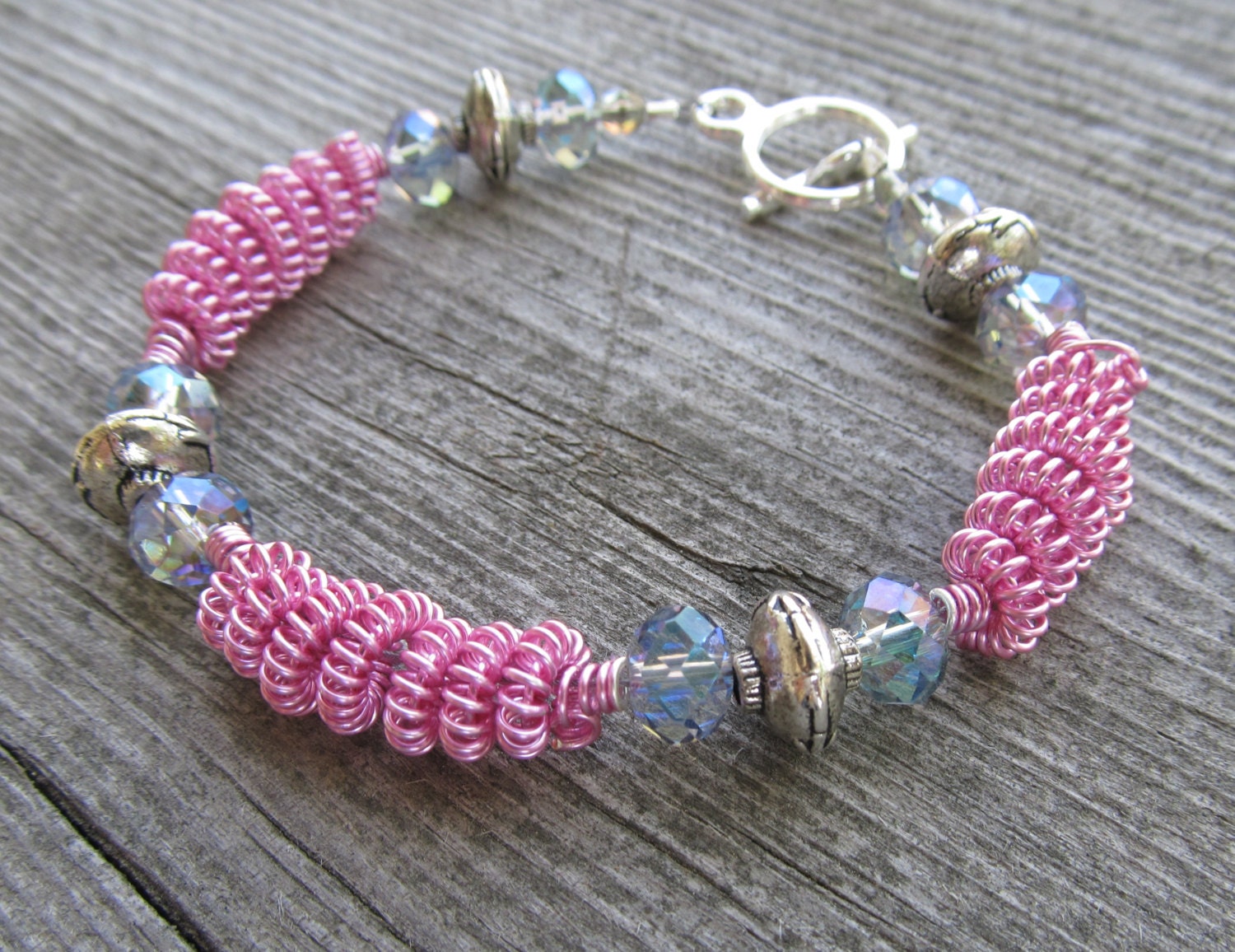 Mystic Pink Crystal and  Wire Coil Bracelet