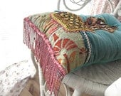 SALE - Baselisk Fusion Cushion, Antique Velvet, Intricate Bead Work, Bohemian, Gypsy, Home Decor