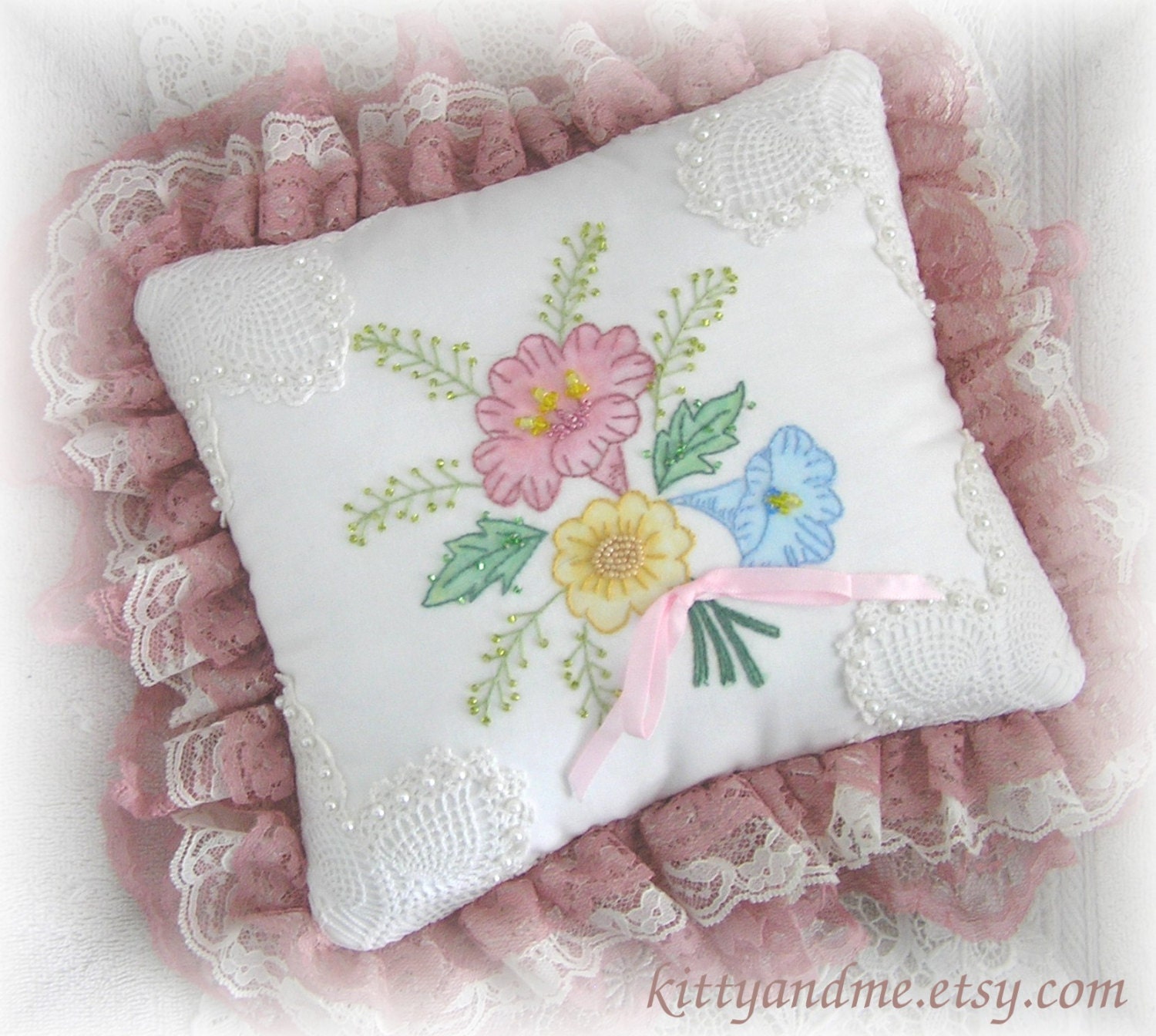 Decorative Floral Pillow Embroidered by Hand