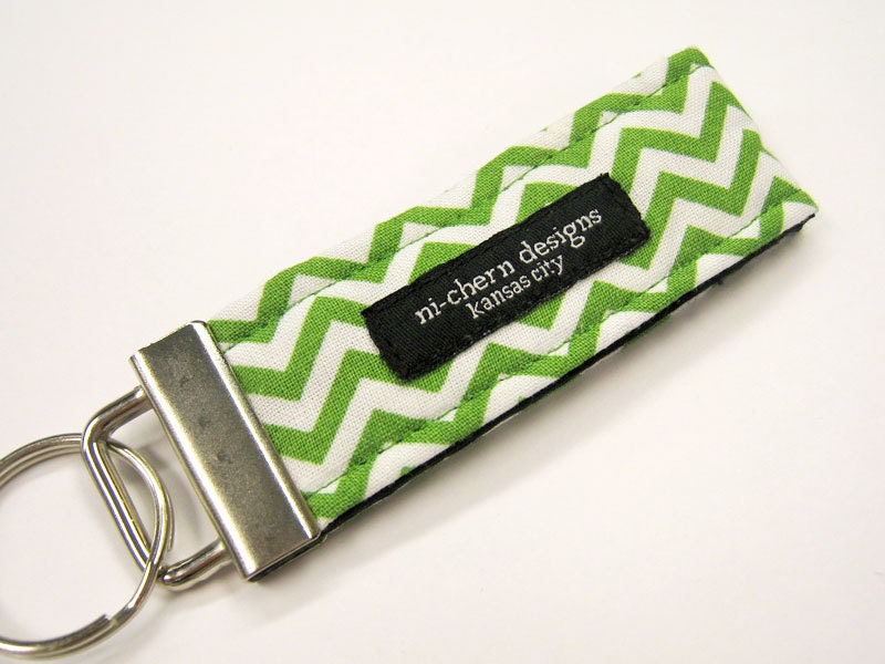 Fabric Mini Key Fob - Green and White Chevron