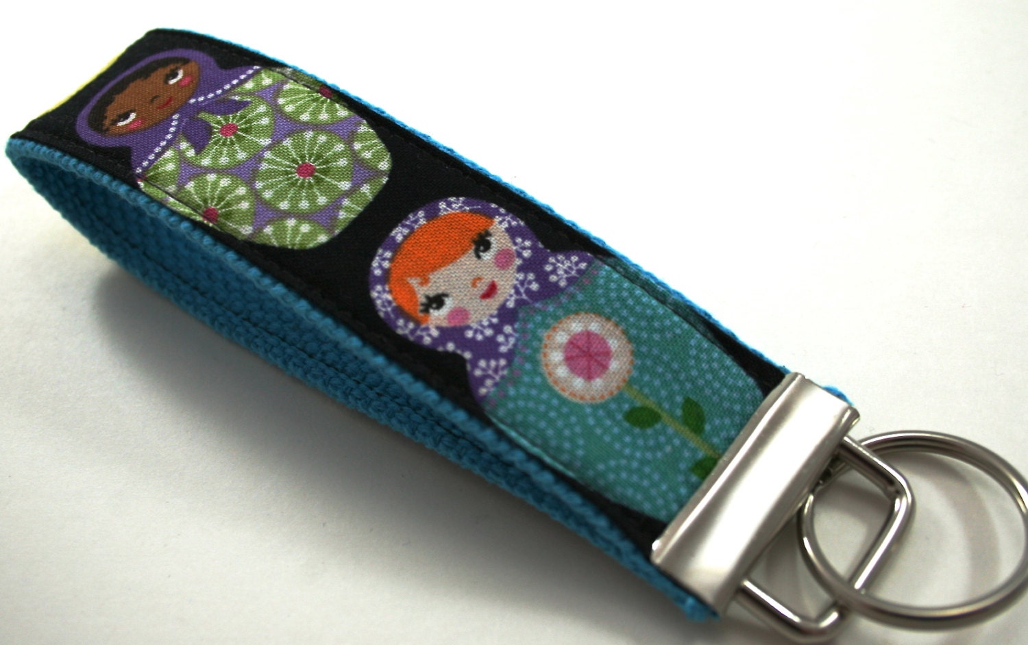 Wristlet Key Fob in Matroyshka Dolls on Turquoise