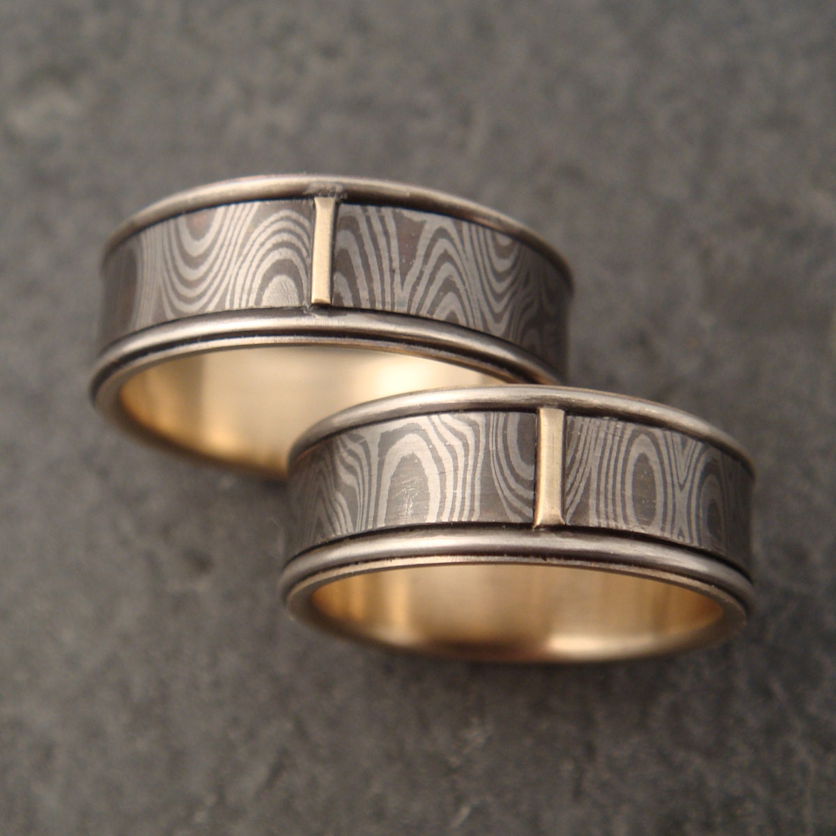 14k Palladium White Gold and Sterling Silver Mokume Wedding Band Set