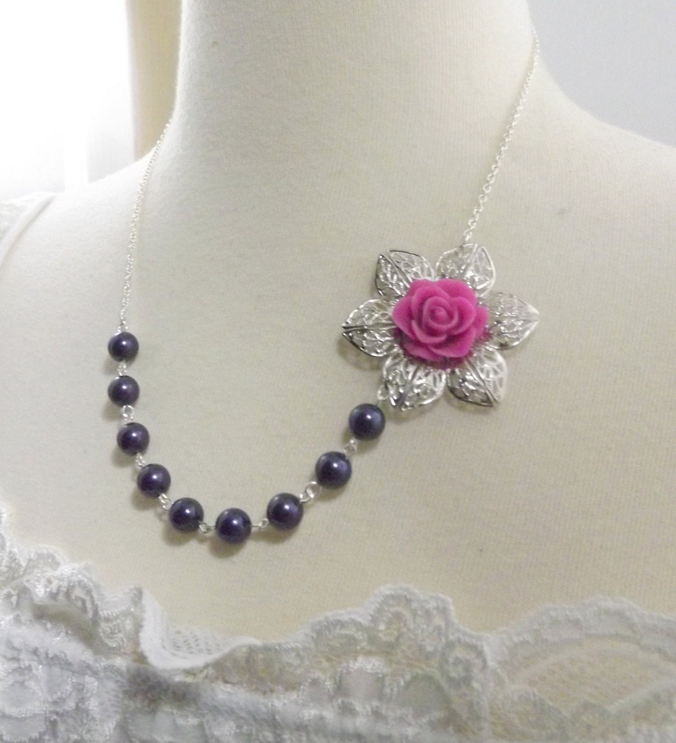 Navy Blue Pearl and Fuchsia Flower Bridesmaids Wedding Necklace