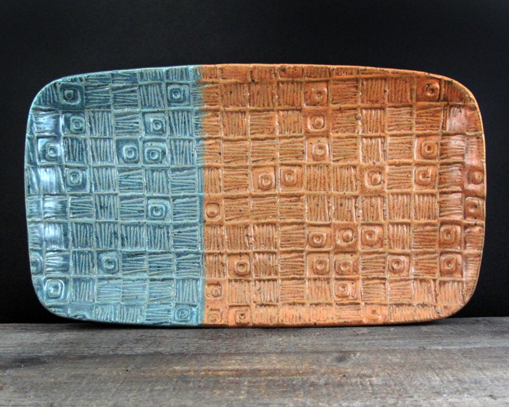 Sean and Grace's Extra Large Platter - Stamped Platter - Blue and Caramel - Rectangular Serving Platter
