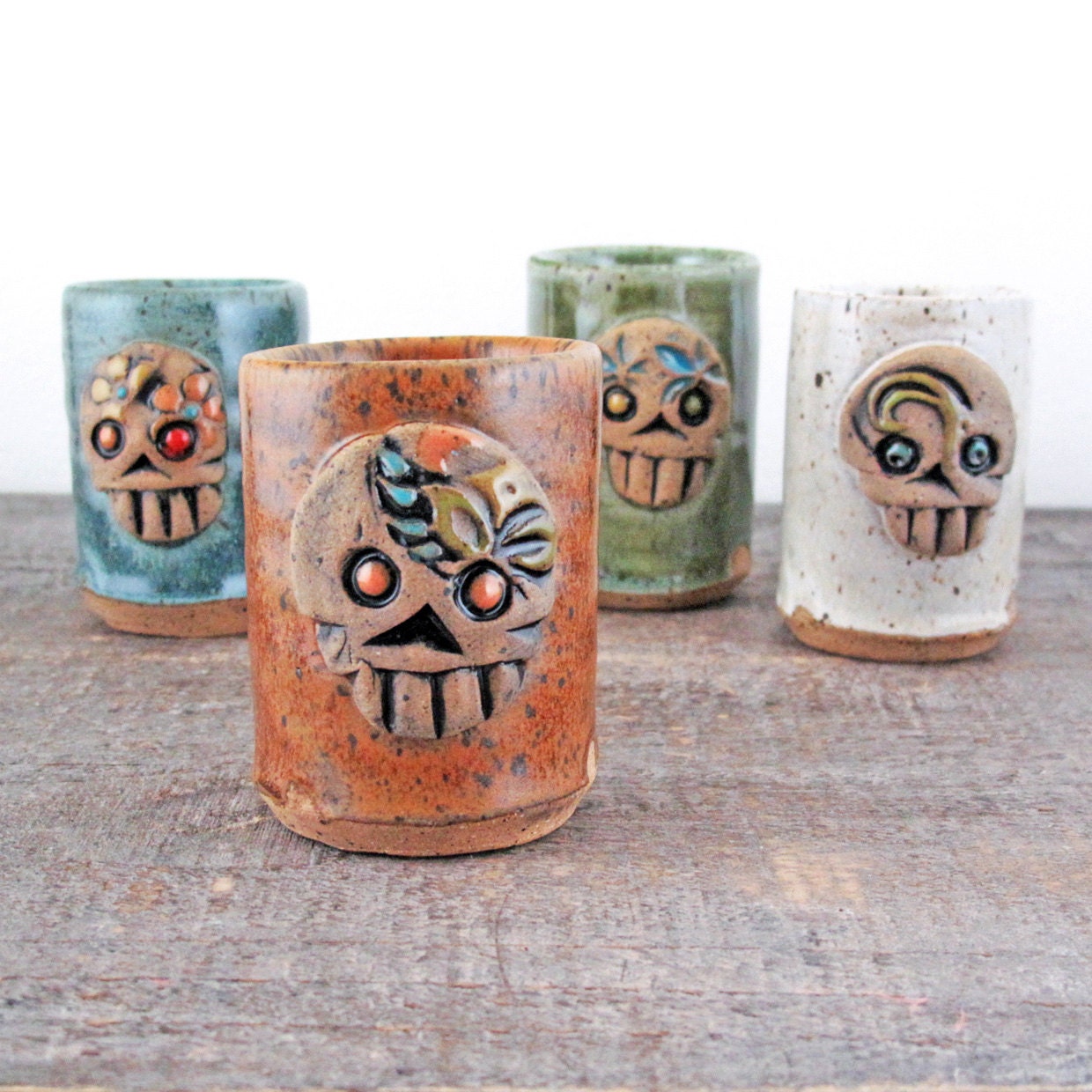 Skully Shot Glass Set in Multi - Skull Barware - Double Shots - Shooters - Four Day of the Dead Shot Glasses