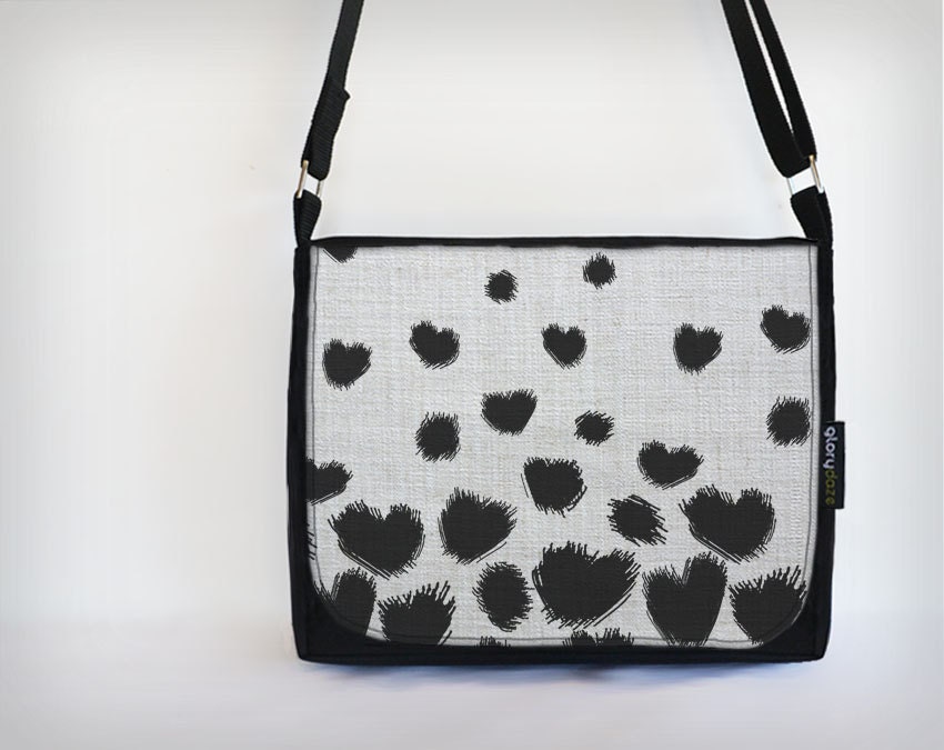 Satchel - White Heavy Hearts - Bag Canvas Screen Print Linen