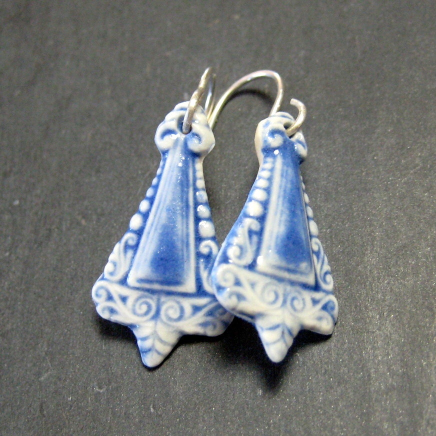 Porcelain Dangle Earrings Scroll Drops In Bright Blue With Sterling Silver Earwires 423