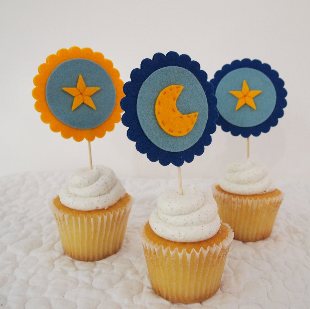 Cupcake Decorations - Stars and Moon - Felt Cupcake Toppers