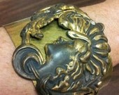 Brass Art Nouveau Lady Cuff with Chain Tassels and Rhinestones