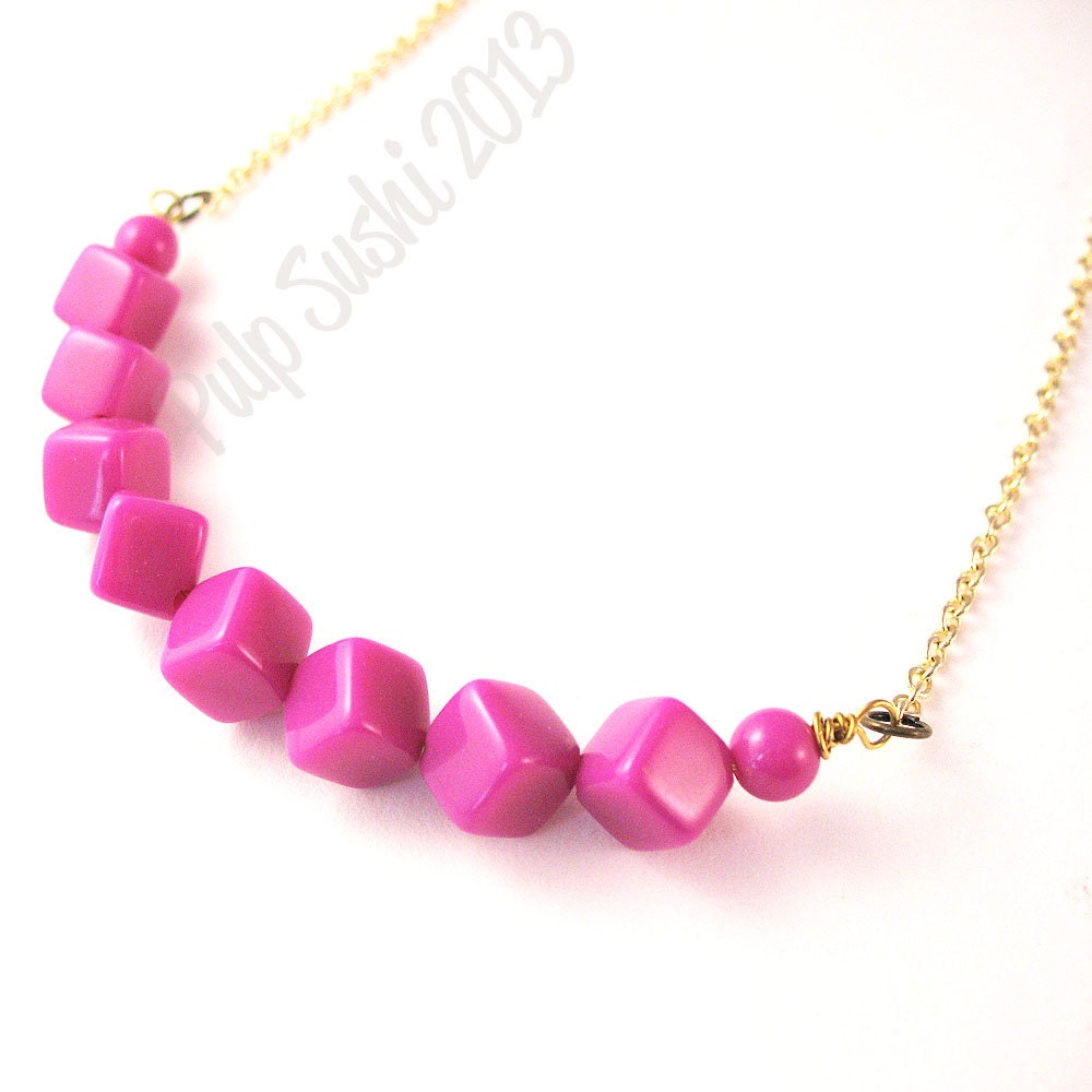 Fuschia Cube Beaded Necklace - Geometric