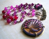 Glass Peacock Button Necklace Gemstone Quartz Beaded Chain Hot Pink Magenta Plum Purple