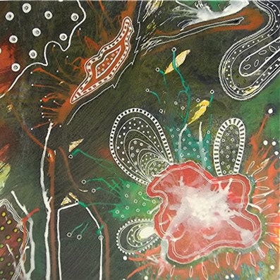 Original Abstract Collage Mixed Media Painting Illustrative Surreal Sage Green Charcoal Teracotta White