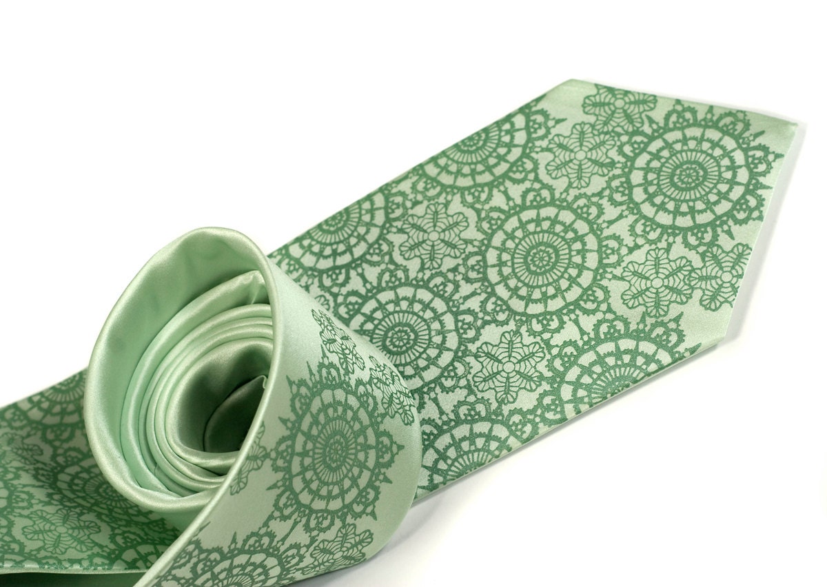 Cottage Lace, clover green necktie. Men's silk tie. Apple green tie, clover screenprint.