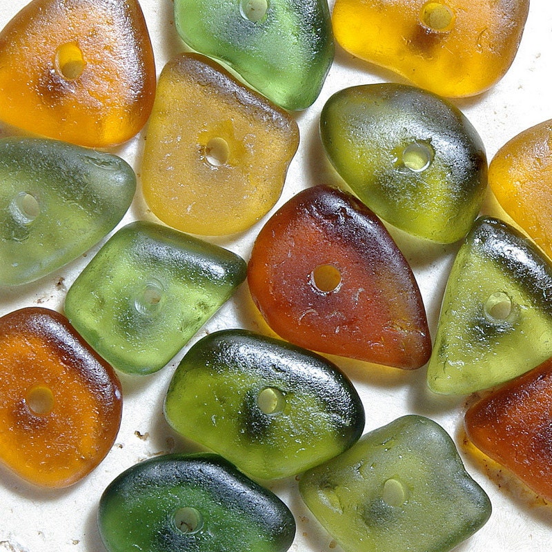 West Coast Rainforest Sea Glass Bead Collection -  15 Mini Olive Green And Rootbeer Brown