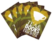 Tea & Books 5 Postcards, Blank Post Card, Geek Greeting Card, Nerdy PenPal Paper, Small Art Print, Tea Cup Card, Correspondance Note Paper