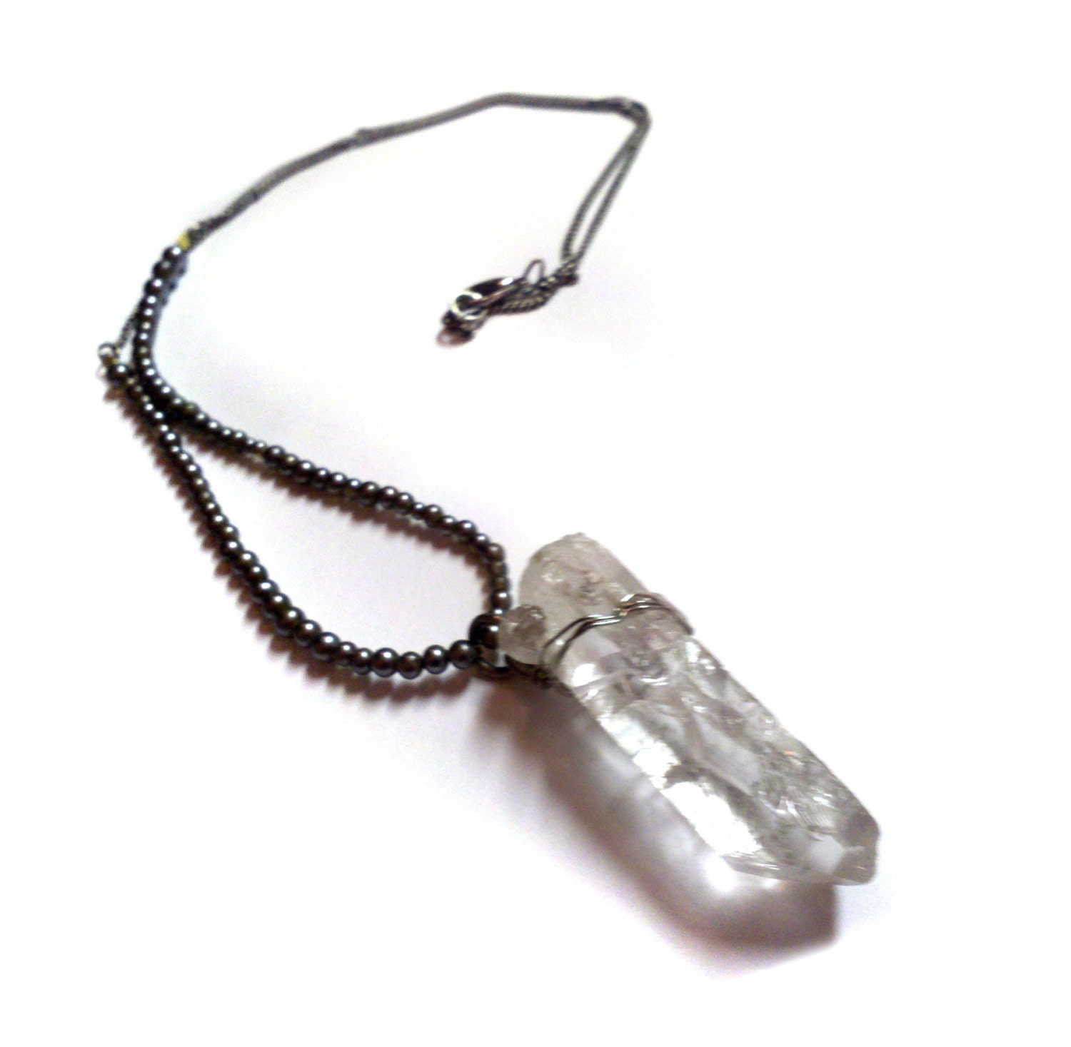 SWEETNESS & LIGHT - quartz point pendant with silver chain and black pearls