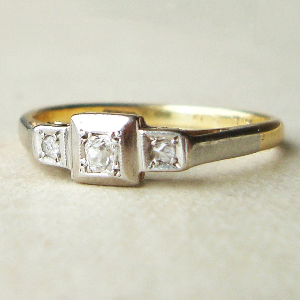 Art Deco Geometric Trilogy Diamond Ring, 18k Gold Old Cut Diamond & Rose Cut Diamond Ring, Diamond Engagement Ring Size US 5.5