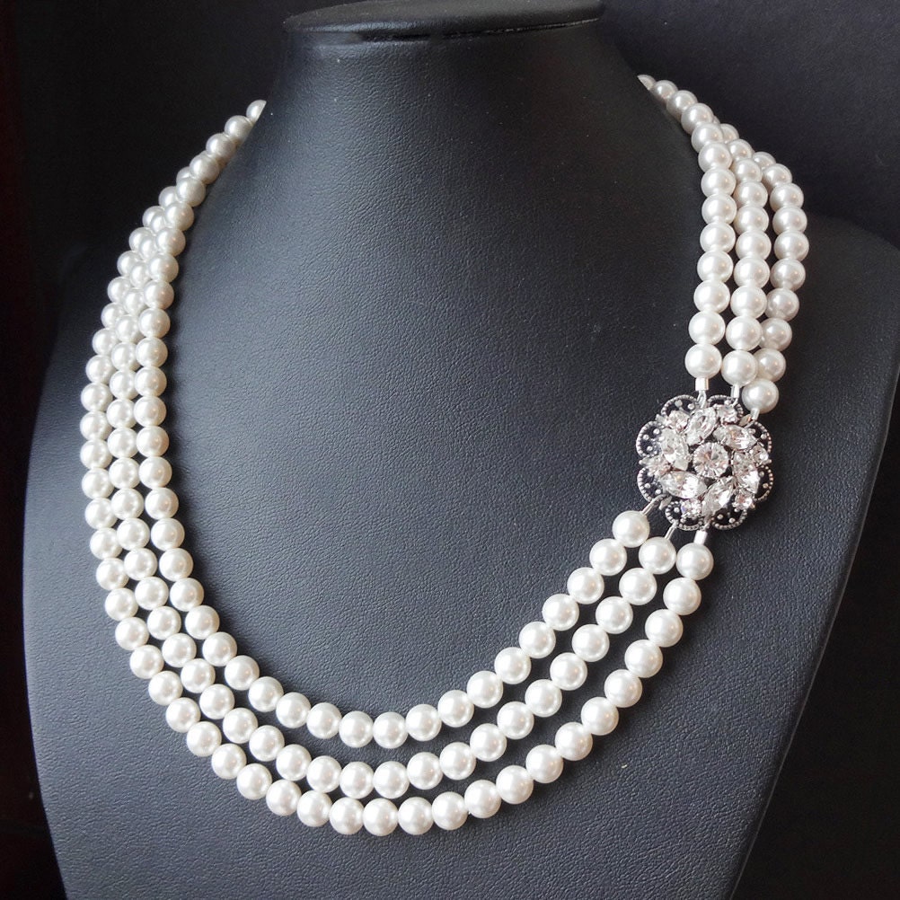 Multi Strand Pearl Bridal Necklace, Vintage Style Pearl Wedding Necklace, Statement Rhinestone & Pearl Necklace, Wedding Jewelry, CELINE
