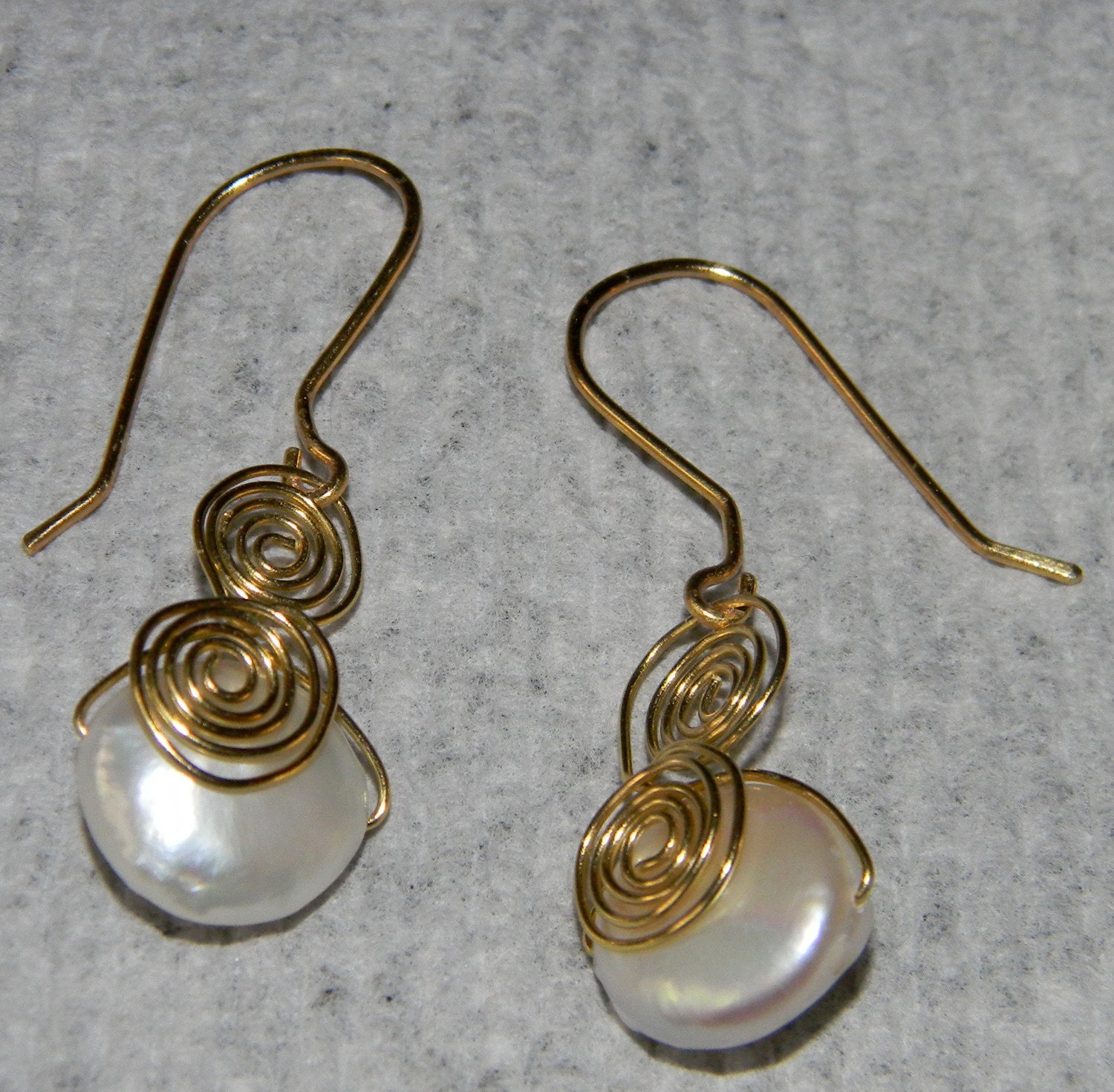 Lovely Coin Pearl Wire Wrapped Gold Earrings