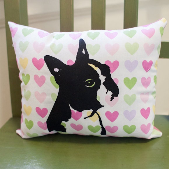 Boston Terrier Pillow, dog pillow, pet pillow, hearts pillow, pastel hearts fabric, valentine, screen print, dog art