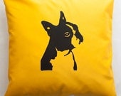 Boston Terrier Pillow Cover, original design screenprint, Yellow cotton fabric - fits 12x12 pillow - pet home decor