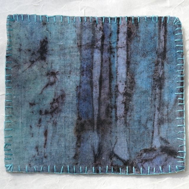 BATIK Fiber art turquoise teal black violet original  appliqued embroidered primitive abstract wall hangingOOAK