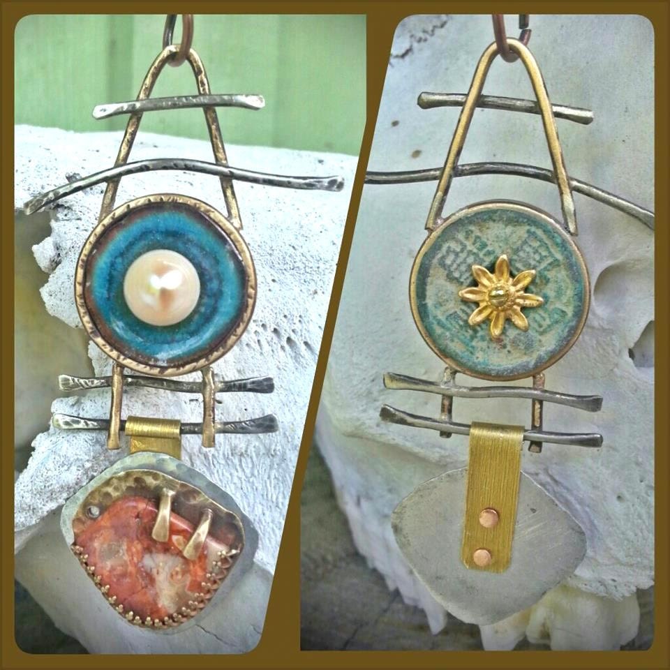 Ladders - Enamel Copper Agate Pearl Pendant