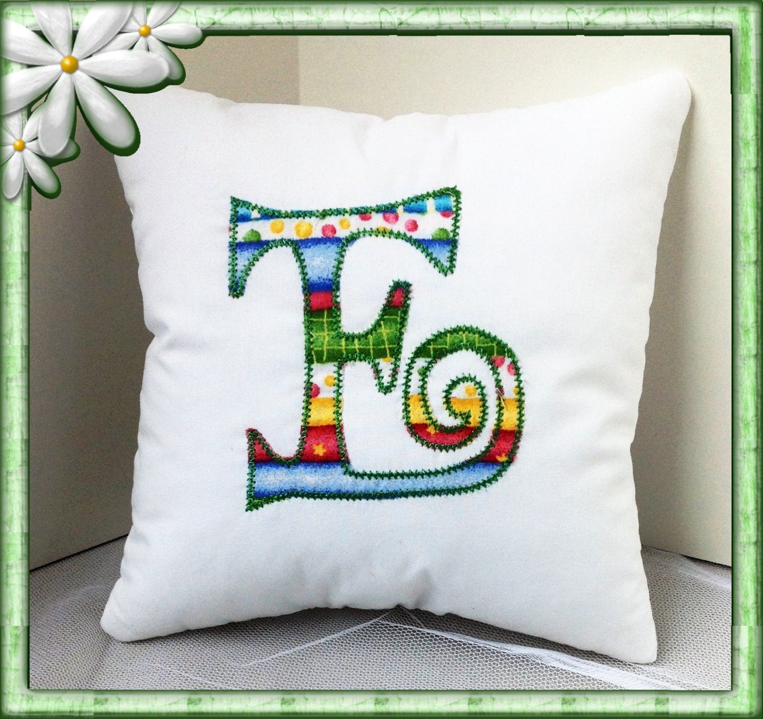 Personalized Initial Pillow - Appliqué on one side Machine Embroidered on the other - soft fluffy stuffing - 10 inch pillow