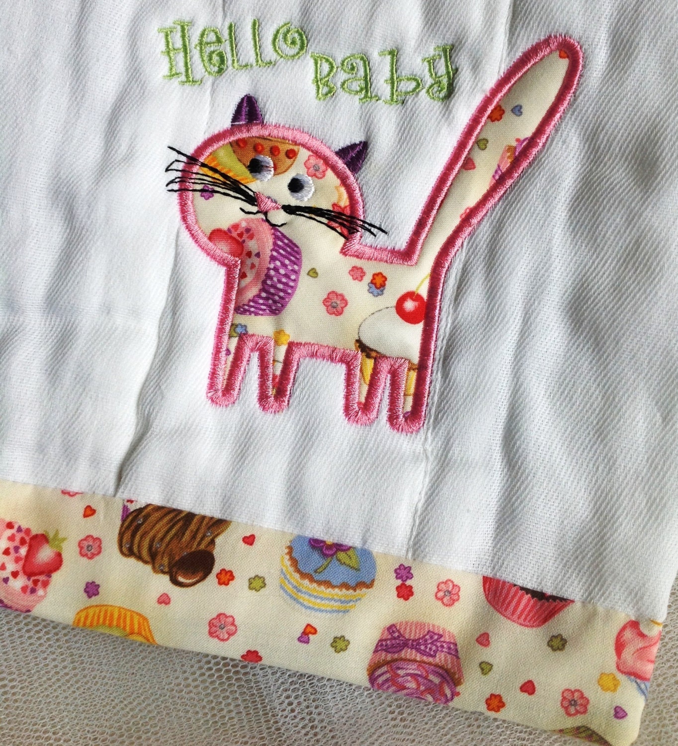 Baby Girl Burp Cloth - Kitty appliquéd Burp Rag OR place a Custom order