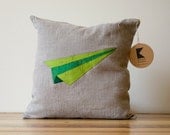 Airplane Origami Patchwork Pillow - Green Plane Pillow - Silk and Linen Pillow Cover - 14 Inches - Made to Order