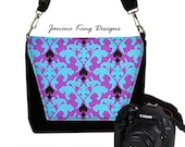 Womens Deluxe DSLR Camera Bag SLR Lens Case Damask Messenger Bag Zipper Pocket Purple Blue Black