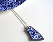 Broken Plate Pendant on Chain - Blue Calico  - Recycled China