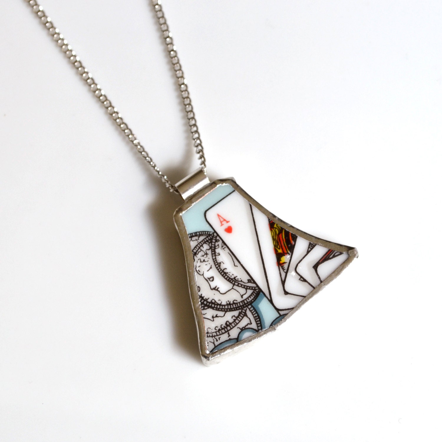 Broken Plate Pendant on Chain - Ace of Hearts - Recycled China - Proceeds to Amelias Ace of Hearts Ride