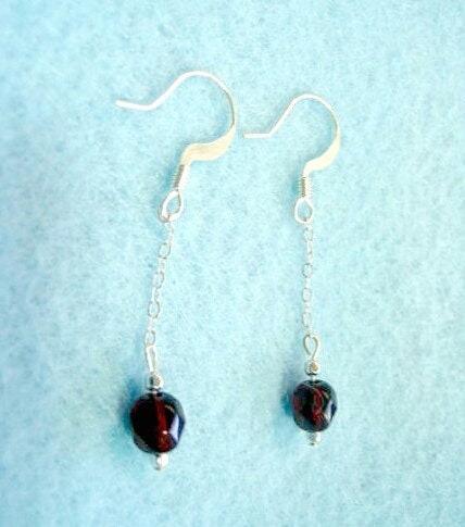 Red Earrings, Sterling Silver Chain, Beaded Jewelry, Dangle Earrings, January Jewelry, Faceted Glass Bead Jewelry