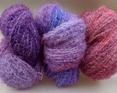 3 "Variations On A Petunia" - boucle handdyed varigated wool yarn hanks - soft light airy & unique.