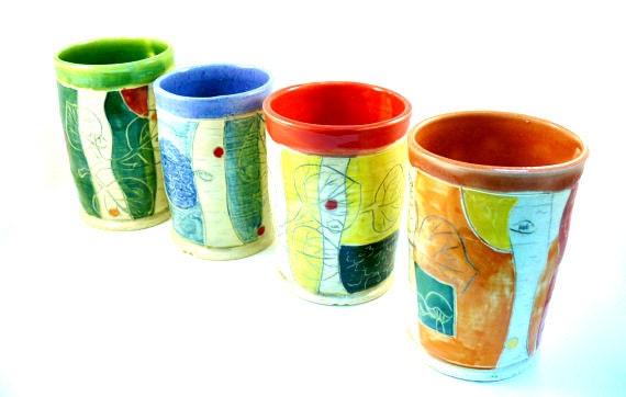 Four Porcelain Tumblers / Ceramic Cups - color blocks , wedding, birthday, new home, anniversary, birthday gift