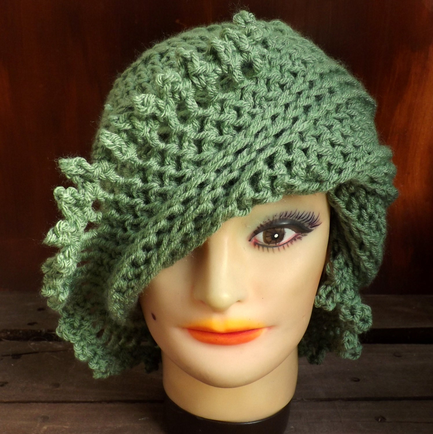 Crochet Hat Women Hat - LISA Asymmetrical Womens Beanie Hat in Light Sage Green with Chain Picots - Crochet Womens Hat - Custom Order