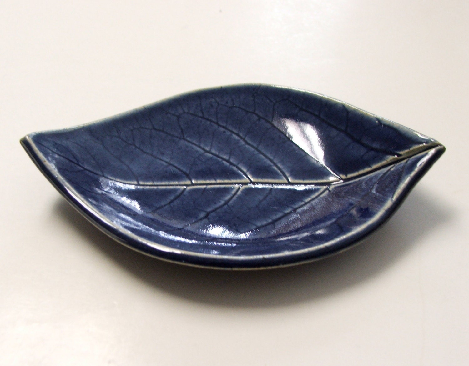 Hand Built Ceramic Leaf Plate, Persimmon Leaf, Dark Blue