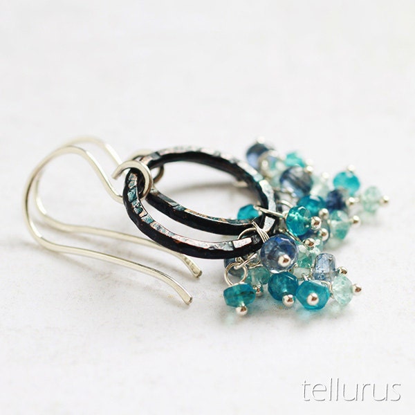 Kyanite, neon and aqua apatite clusters on rustic peacock blue patina hoops, sterling silver earrings