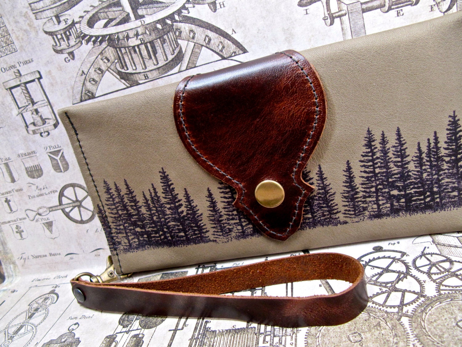 Leather Wallet Long, Phone Case with Wrist Strap & Zipper Pocket Olive Taupe, Pine Tree Print - SALE - see Shop for Coupon Codes...