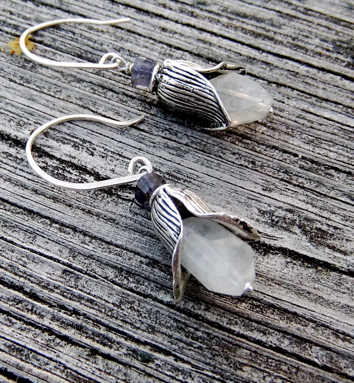 Belle Fleur Flower Petal Earrings Cornflower Blue Iolite Rainbow Moonstone Metal Silver Earrings