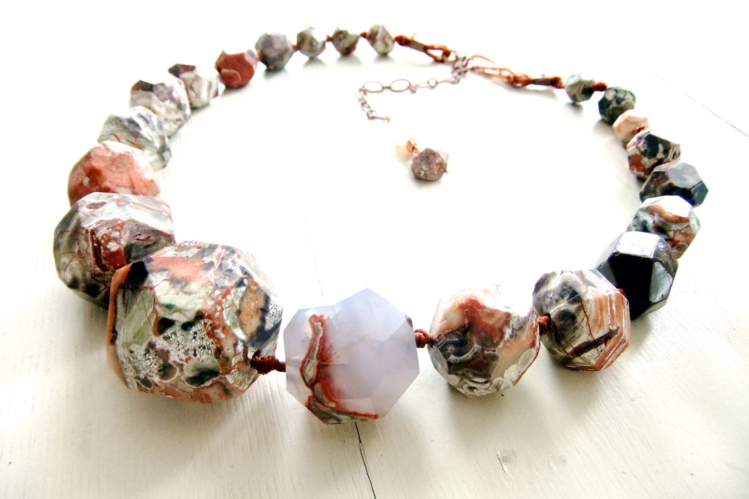 Rock Candy Wilma Flintstone Statement Necklace Faceted Agate Silk Cord Copper