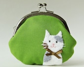 Cat coin purse - spotted kitty on grass green
