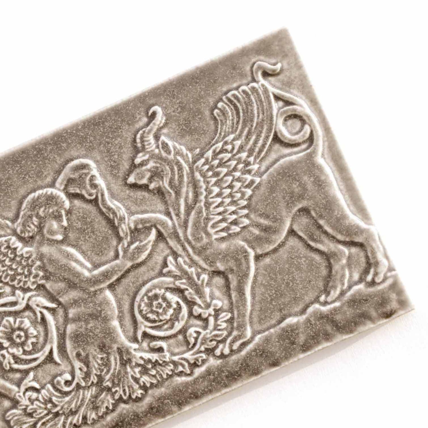 Mythical Creatures - Angel and Gryphon - Moss Matte glaze - home decor handmade ceramic tile
