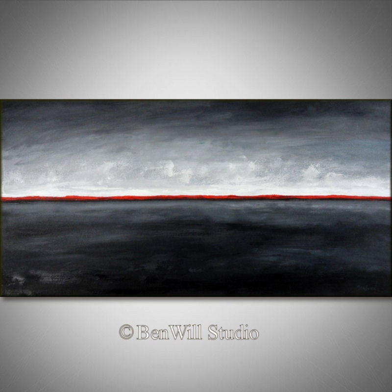 ABSTRACT Painting Black Red White Contemporary Art ORIGINAL Large Acrylic and Oil Landscape Painting on Fine Art Canvas 48x24 by BenWill