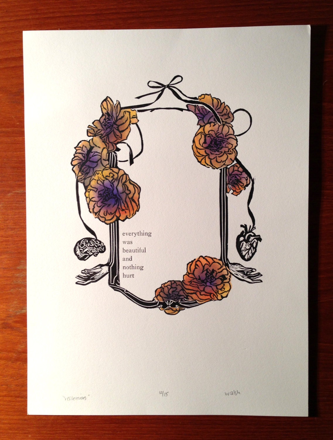 Reflections - hand pulled print with letterpress and pochoir coloring