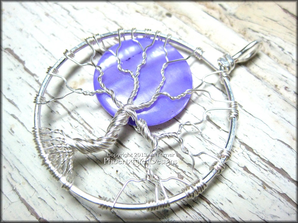 Purple Moon - Tree of Life Pendant in Sterling Silver Wire with Purple Pearl Shell Full Moon Night Magic Royalty