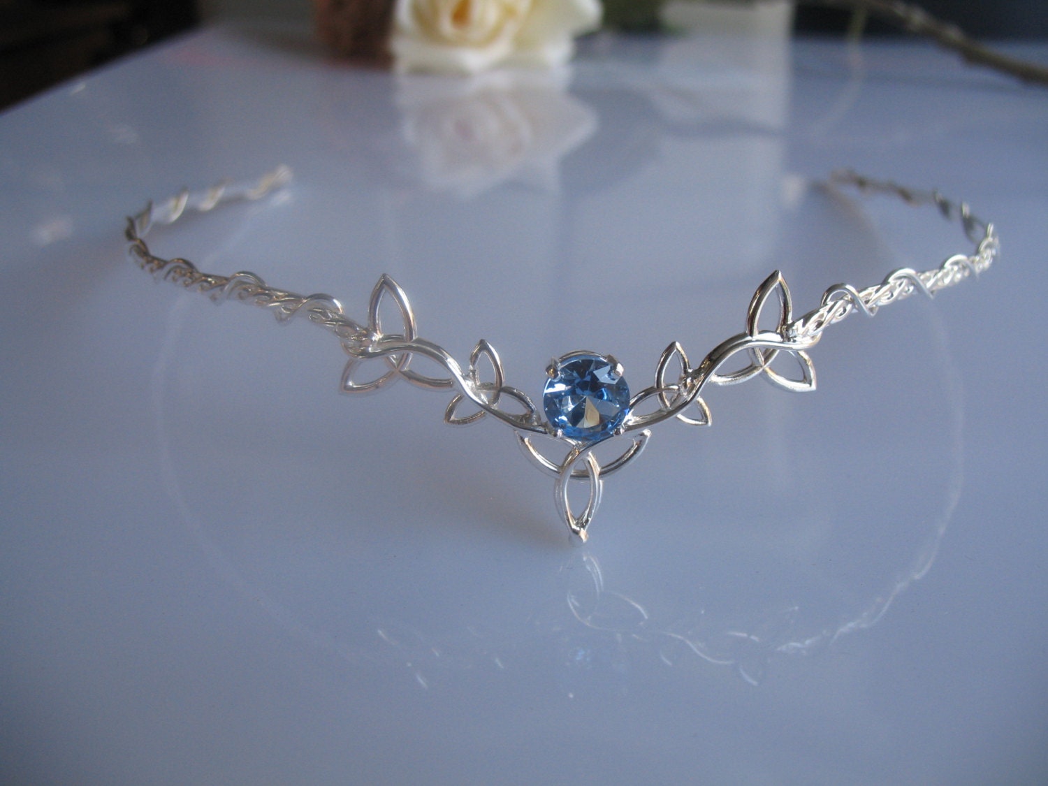 Celtic Trinity Knot Circlet, Wedding Headpiece, Bridal Tiara, Aquamarine Gemstone, Sterling Silver, Handmade